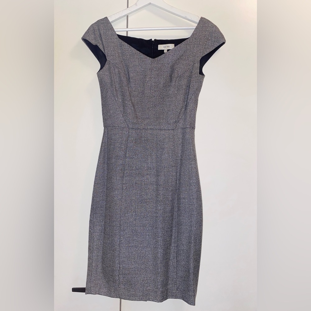Reiss Gray Sheath Midi Dress V-neck Sleeveless